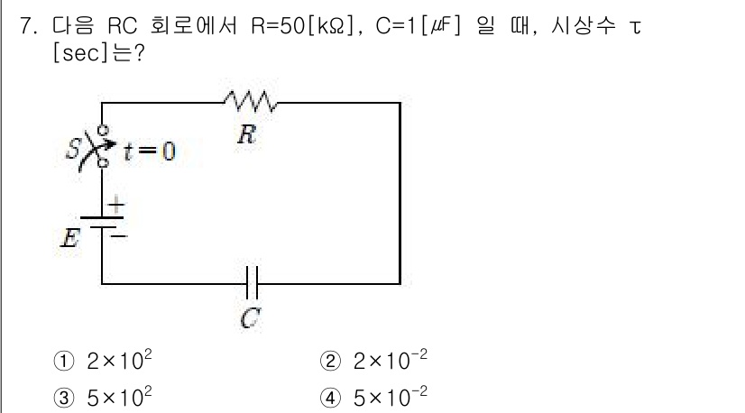 9급_국가직_공무원_전기이론 2015년 7번 - RC 회로에서 시간 상수 τ는 τ = R × C로 정의됩니다. 주어진 값... 에 관한 핵심 기출문제