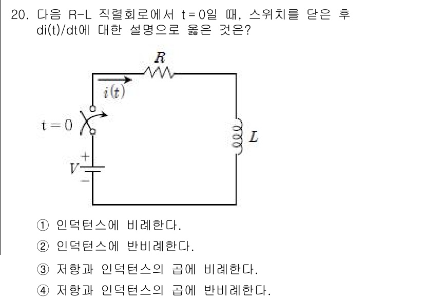 9급_국가직_공무원_전기이론 2016년 20번 - R-L 직렬 회로에서 t=0일 때 스위치를 닫으면, 회로에 인덕터가 포함... 에 관한 핵심 기출문제