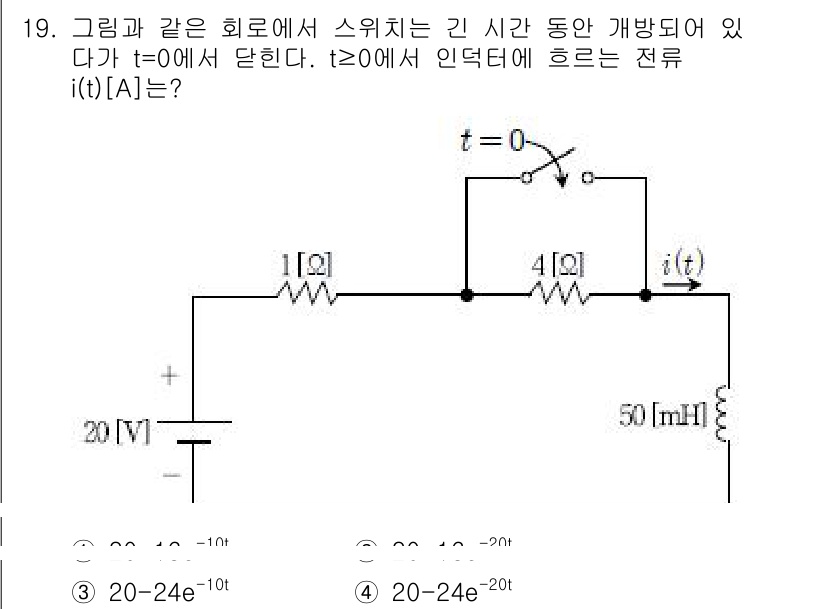 9급_국가직_공무원_전기이론 2017년 19번 - 주어진 회로에서 t = 0에서 스위치가 작동하면 전압원과 저항을 통해 초... 에 관한 핵심 기출문제