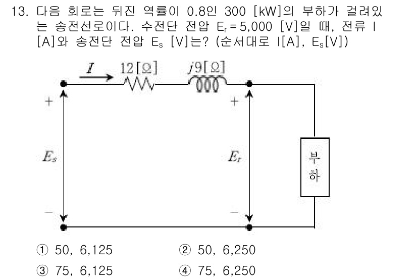 9급_국가직_공무원_전기이론 2018년 13번 - 주어진 회로에서 전력과 전압 관계를 통해 주어진 수치를 이용하여 부하 전... 에 관한 핵심 기출문제