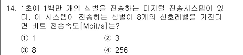9급_국가직_공무원_전자공학개론 2015년 14번 - 디지털 전송 시스템에서 1초에 1백만 개의 심볼을 전송하며, 각 심벌이 ... 에 관한 핵심 기출문제