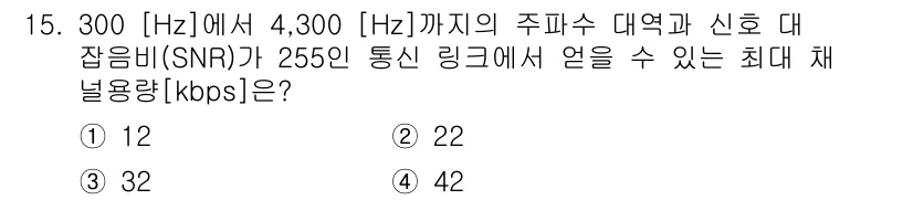 9급_국가직_공무원_전자공학개론 2016년 15번 - 최대 채널 용량은 샤논의 정리에 따라 결정됩니다. 주어진 주파수 대역에서... 에 관한 핵심 기출문제