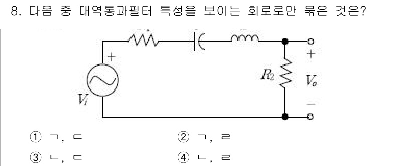 9급_국가직_공무원_전자공학개론 2017년 8번 - 회로에서 대역통과 필터의 특성을 보이려면 출력 신호 \( V_o \)가 ... 에 관한 핵심 기출문제