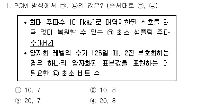 9급_국가직_공무원_전자공학개론 2018년 1번 - PCM 방식에서 최대 주파수는 10 kHz이므로 최소 샘플링 주파수는 N... 에 관한 핵심 기출문제