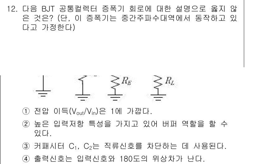 9급_국가직_공무원_전자공학개론 2018년 12번 - 출력신호는 입력신호의 위상과 반대인 180도 위상 차이를 가지며, BJT... 에 관한 핵심 기출문제