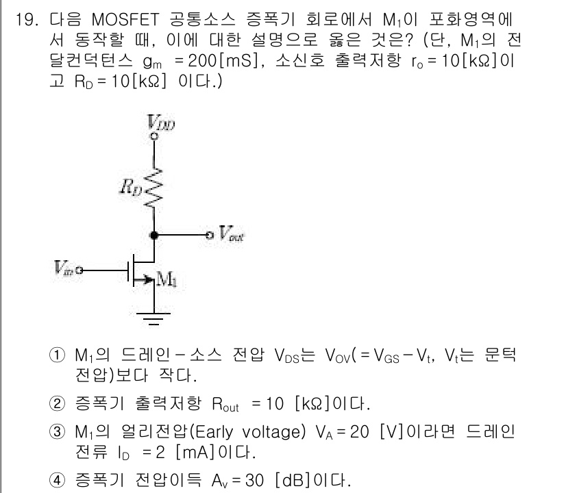 9급_국가직_공무원_전자공학개론 2018년 19번 - 주어진 문제에서 MOSFET의 동작은 M1과 M0의 게이트-소스 전압 \... 에 관한 핵심 기출문제
