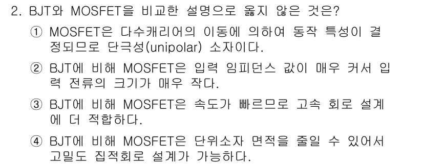 9급_국가직_공무원_전자공학개론 2018년 2번 - BJT에 비해 MOSFET는 단위소자의 면적을 줄일 수 있어 고밀도 집적... 에 관한 핵심 기출문제