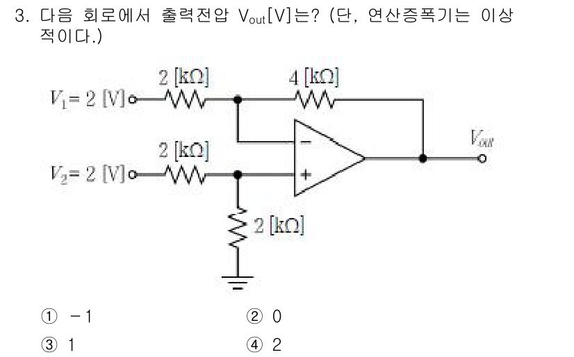 9급_국가직_공무원_전자공학개론 2019년 3번 - 회로에서 \( V_{out} \)은 기본적으로 두 개의 전압원 \( V_... 에 관한 핵심 기출문제