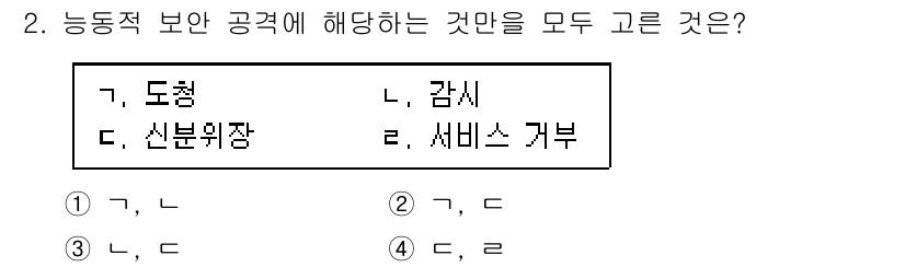 9급_국가직_공무원_정보보호론 2015년 2번 - 능동적 보안 공격인 '신분위장'과 '서비스 거부'는 모두 정보 시스템의 ... 에 관한 핵심 기출문제