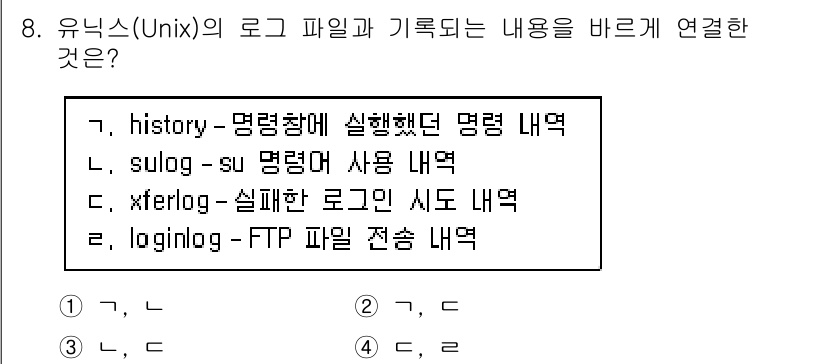 9급_국가직_공무원_정보보호론 2015년 8번 - `loginlog`는 FTP 파일 전송과 관련된 로그를 기록하는 파일입니... 에 관한 핵심 기출문제