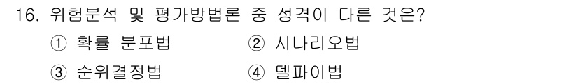 9급_국가직_공무원_정보보호론 2017년 16번 - 성격이 다른 것은 ③ 순위결정법입니다. 나머지 방법들은 주로 확률적 또는... 에 관한 핵심 기출문제