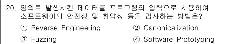 9급_국가직_공무원_정보보호론 2017년 20번 - 정답은 3번 Fuzzing입니다. Fuzzing은 프로그램에 무작위 데이... 에 관한 핵심 기출문제
