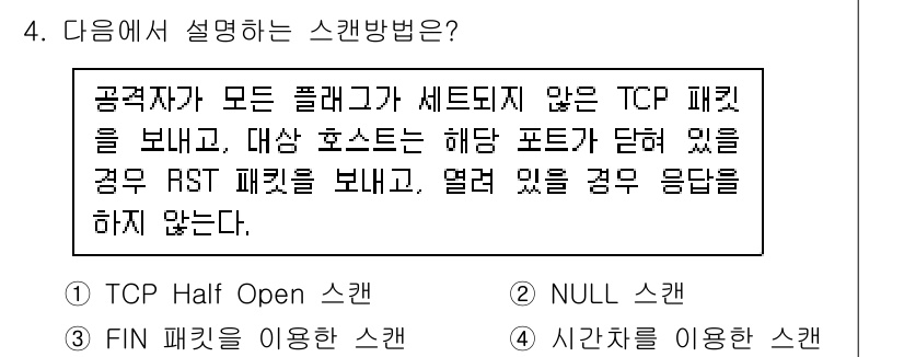 9급_국가직_공무원_정보보호론 2019년 4번 - 주어진 설명은 TCP 프로토콜의 스캔 기법 중 하나를 나타내며, 공략자가... 에 관한 핵심 기출문제
