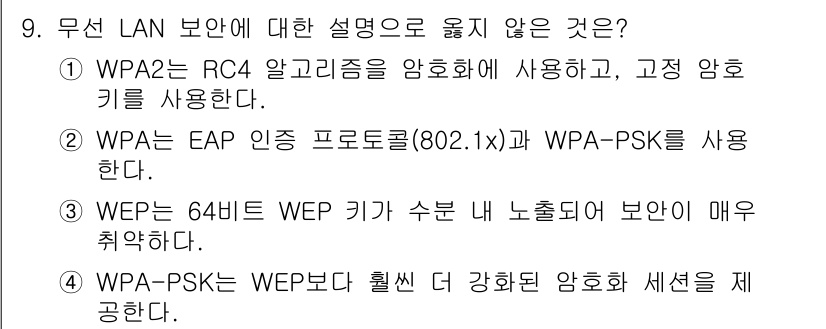 9급_국가직_공무원_정보보호론 2019년 9번 - WEP는 64비트 키만 사용하나, WPA-PSK는 WEP의 약점을 보완하... 에 관한 핵심 기출문제