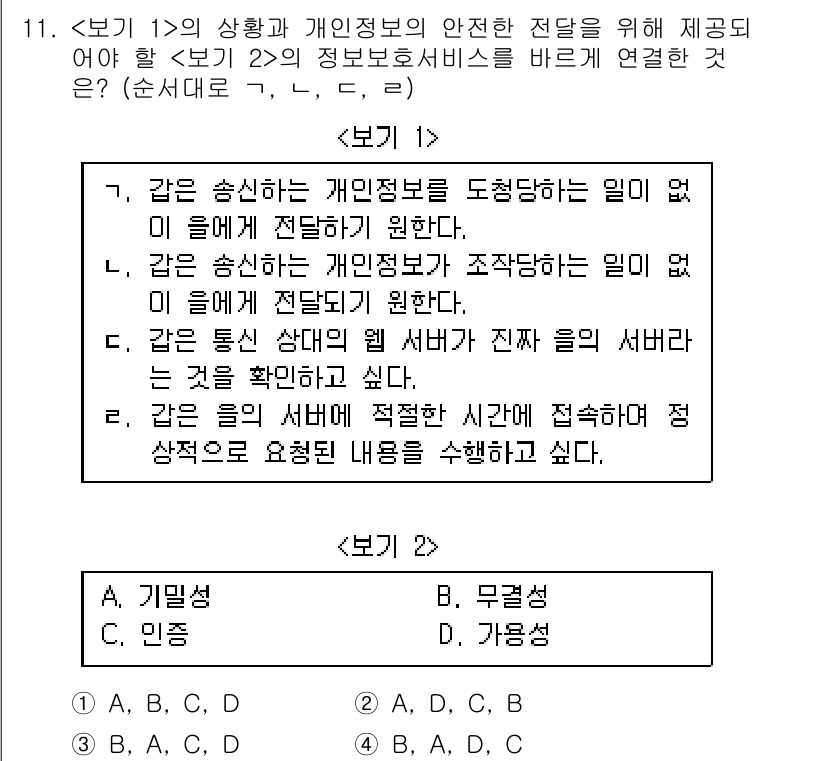 9급_국가직_공무원_정보시스템보안 2016년 11번 - 개인정보는 전송 중에 보호되어야 하므로, 정보시스템에서 데이터가 안전하게... 에 관한 핵심 기출문제