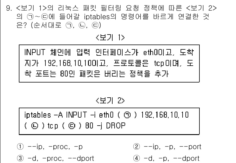 9급_국가직_공무원_정보시스템보안 2017년 9번 - 주어진 iptables 규칙은 eth0 인터페이스에서 192.168.10... 에 관한 핵심 기출문제