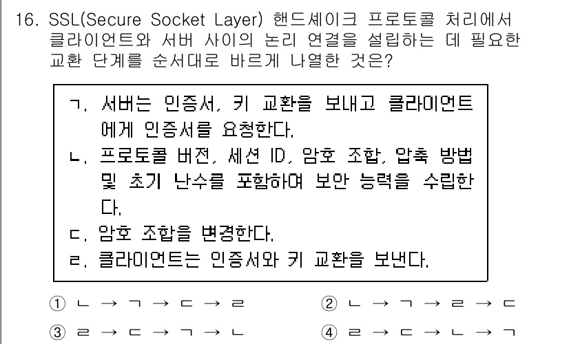9급_국가직_공무원_정보시스템보안 2018년 16번 - . SSL은 서버와 클라이언트 간의 인증 및 데이터 암호화를 통해 안전한... 에 관한 핵심 기출문제