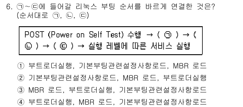 9급_국가직_공무원_정보시스템보안 2018년 6번 - 정답은 2입니다. POST(전원 자기 테스트)는 부트 프로세스의 초기 단... 에 관한 핵심 기출문제