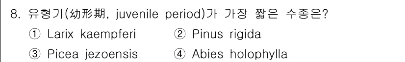 9급_국가직_공무원_조림 2018년 8번 - 정답 5번의 이유는 Abies holophylla가 다른 수종에 비해 유... 에 관한 핵심 기출문제