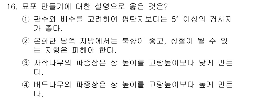 9급_국가직_공무원_조림 2019년 16번 - 정답 3번은 자작나무의 파종 시 상 높이가 고랑 높이보다 낮아야 한다는 ... 에 관한 핵심 기출문제