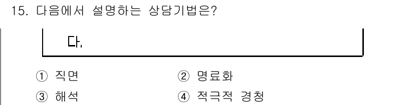 9급_국가직_공무원_직업상담심리학개론 2019년 15번 - 정답은 5번 '명료화'입니다. 상담에서 '명료화'는 내담자의 생각이나 감... 에 관한 핵심 기출문제