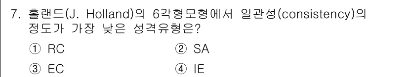 9급_국가직_공무원_직업상담심리학개론 2019년 7번 - 홀랜드의 직업 성격 이론에서 일관성이 가장 낮은 성격 유형은 'IE(탐구... 에 관한 핵심 기출문제