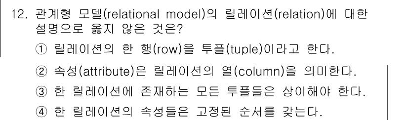 9급_국가직_공무원_컴퓨터일반 2015년 12번 - 정답 4 번은 "한 릴레이션에서 존재하는 모든 튜플을 상의해야 한다."입... 에 관한 핵심 기출문제