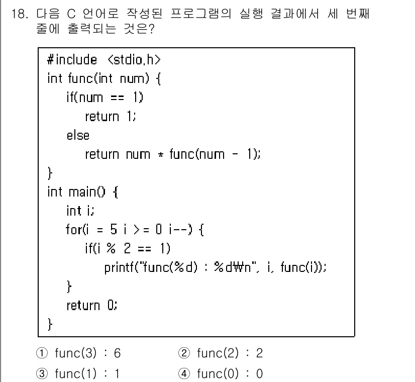 9급_국가직_공무원_컴퓨터일반 2015년 18번 - 주어진 프로그램에서 `func` 함수는 `num`이 1이면 1을 반환하고... 에 관한 핵심 기출문제