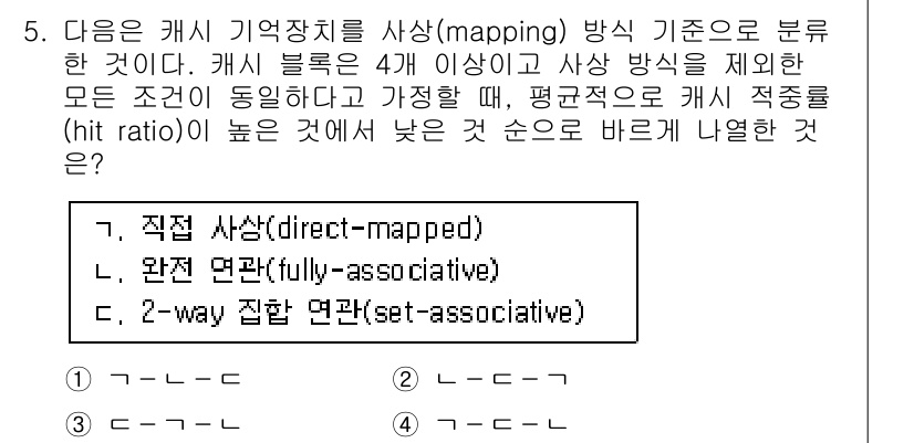 9급_국가직_공무원_컴퓨터일반 2015년 5번 - 4번, 2-way set associative 방식은 직적 사상과 완전 ... 에 관한 핵심 기출문제