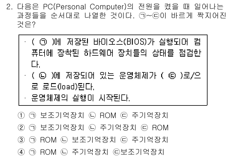 9급_국가직_공무원_컴퓨터일반 2016년 2번 - PC가 부팅될 때 BIOS가 실행되어 하드웨어 상태를 점검하고 운영체제를... 에 관한 핵심 기출문제