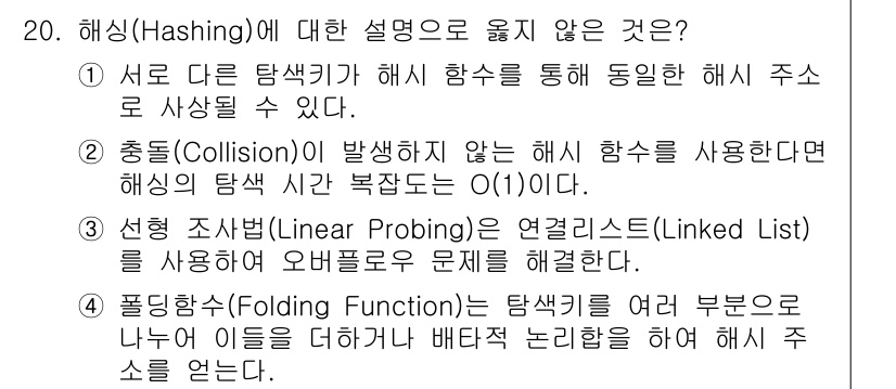 9급_국가직_공무원_컴퓨터일반 2018년 20번 - 해싱(Hashing)에서 오류로 설명되지 않은 것은 "해싱 조사 내부에서... 에 관한 핵심 기출문제