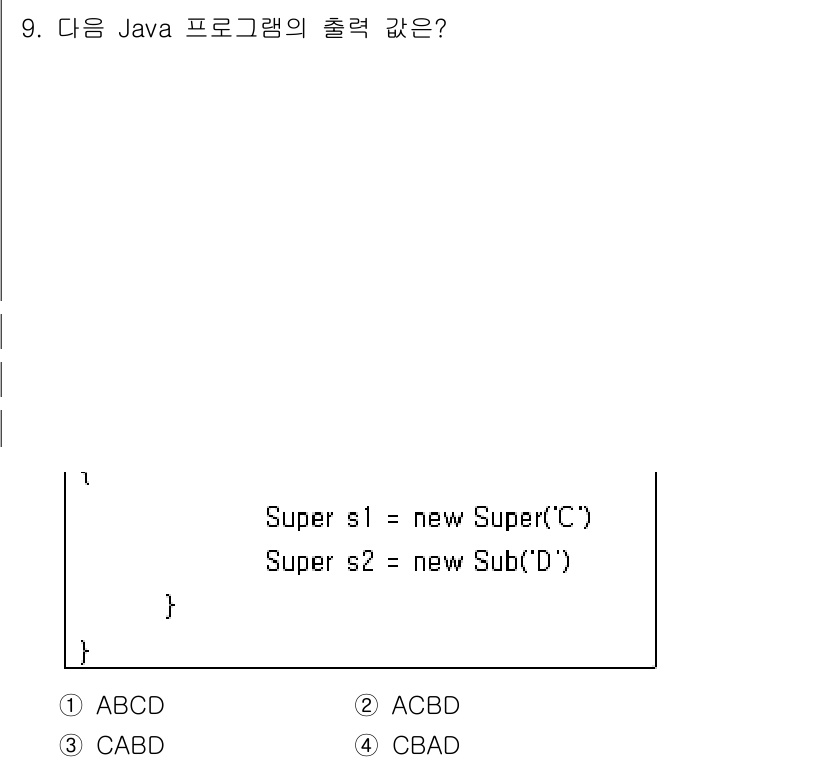 9급_국가직_공무원_컴퓨터일반 2018년 9번 - 주어진 Java 코드에서 `Super` 클래스가 `Sub` 클래스의 부모... 에 관한 핵심 기출문제