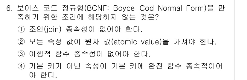 9급_국가직_공무원_컴퓨터일반 2019년 6번 - BCNF를 만족하기 위한 조건 중에서 조인 종속성이 없어야 한다는 것, ... 에 관한 핵심 기출문제
