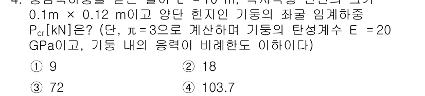 9급_국가직_공무원_토목설계 2018년 4번 - 문제에서 주어진 물체의 재료 임계응력을 계산하기 위해, 주어진 단면적과 ... 에 관한 핵심 기출문제