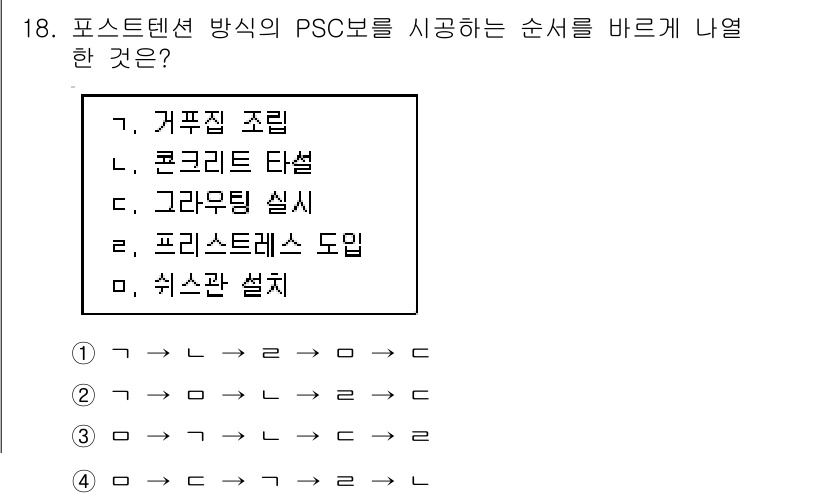 9급_국가직_공무원_토목설계 2019년 18번 - 포스트텐션 방식에서 PSC 보를 시공할 때는 먼저 거푸집을 조립한 후, ... 에 관한 핵심 기출문제