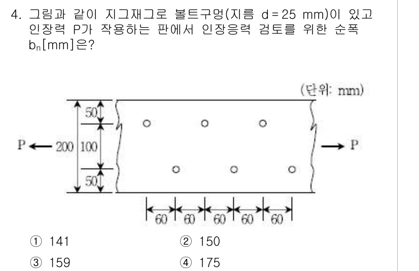 9급_국가직_공무원_토목설계 2019년 4번 - 주어진 문제는 토목설계에서 지그재그 형태의 볼트 구멍 배열에 대한 순폭을... 에 관한 핵심 기출문제