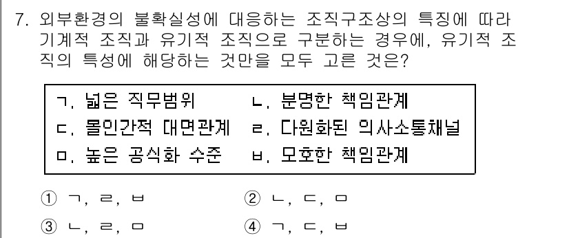 9급_국가직_공무원_행정학개론 2015년 7번 - . 

유기적 조직의 특징은 상호 의존성이 크고, 팀워크와 협력이 중요하... 에 관한 핵심 기출문제