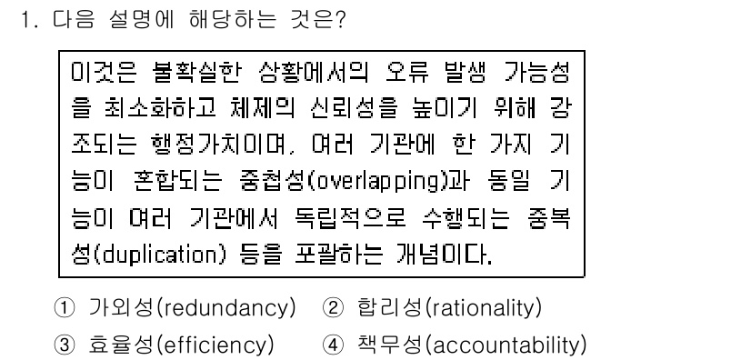 9급_국가직_공무원_행정학개론 2016년 1번 - 이 설명은 행정의 중복성과 중첩성을 다루고 있다. 여러 기관의 역할이 겹... 에 관한 핵심 기출문제