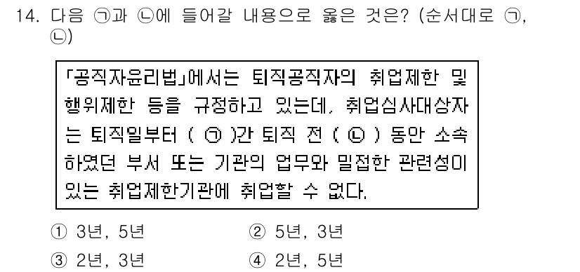 9급_국가직_공무원_행정학개론 2017년 14번 - 정답은 2번이다. 공직윤리법은 퇴직공직자의 취업제한 사항을 규정하고 있으... 에 관한 핵심 기출문제
