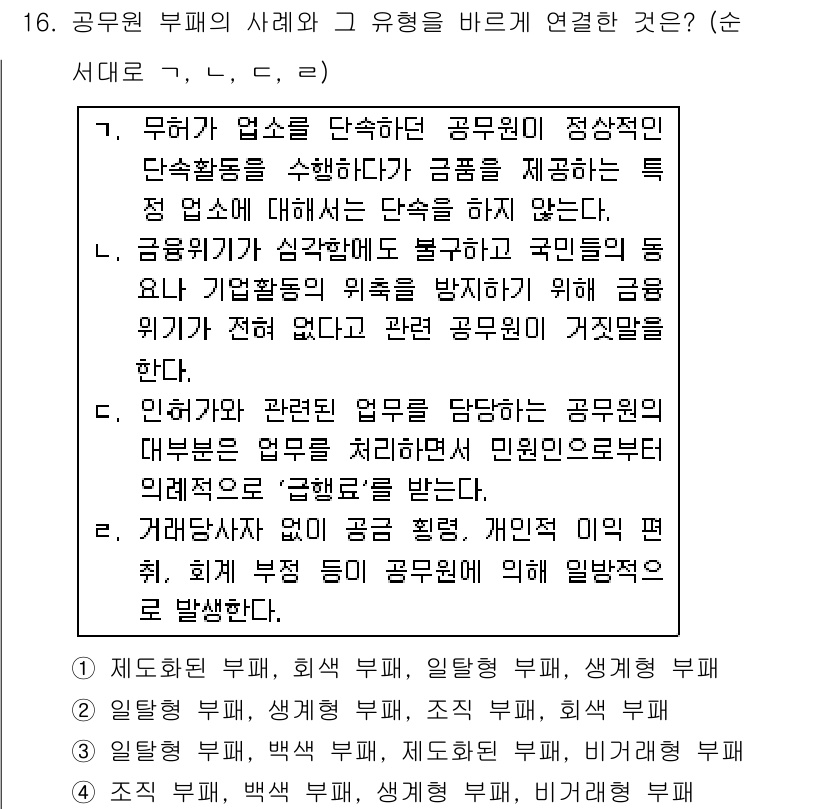 9급_국가직_공무원_행정학개론 2018년 16번 - 공무원 부패는 공공의 신뢰를 저하시켜 행정 효율성을 떨어뜨리고, 국민의 ... 에 관한 핵심 기출문제