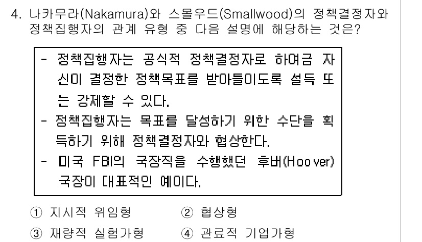 9급_국가직_공무원_행정학개론 2019년 4번 - 정답 4는 정책집행자가 정책목표를 달성하기 위해 협력하는 과정에서의 중요... 에 관한 핵심 기출문제