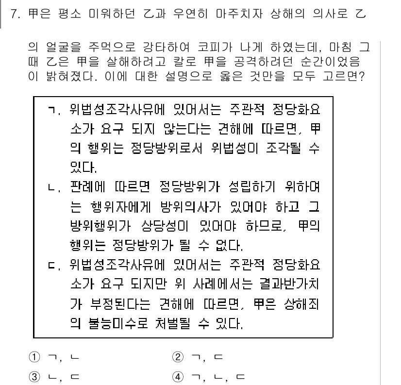 9급_국가직_공무원_형법총론 2019년 7번 - 위법성조각사유가 적용될 수 있는 경우에는 정당방위나 긴급피난 등의 사유가... 에 관한 핵심 기출문제
