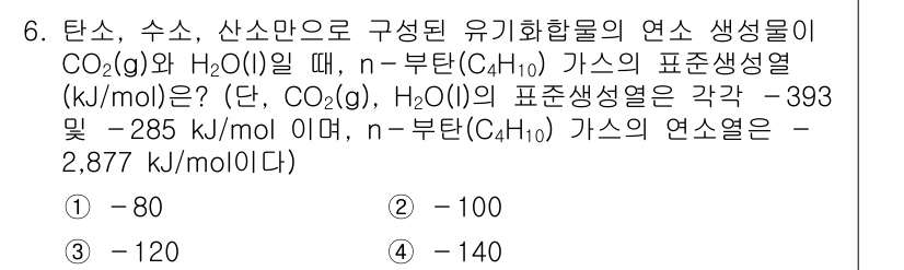 9급_국가직_공무원_화학공학일반 2016년 6번 - 이 문제는 화학 반응의 열역학을 다루고 있습니다. 주어진 연소 반응에서 ... 에 관한 핵심 기출문제