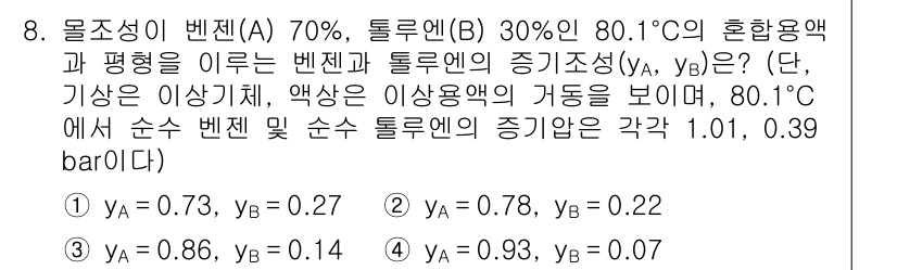 9급_국가직_공무원_화학공학일반 2016년 8번 - 주어진 혼합물에서 벤젠(A)과 톨루엔(B)의 몰 분율을 계산하여 각 성분... 에 관한 핵심 기출문제