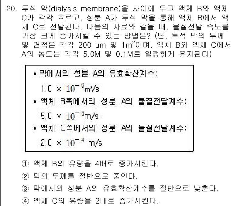 9급_국가직_공무원_화학공학일반 2017년 20번 - 투석막의 투과성은 물질의 크기와 농도를 고려해야 한다. 막의 기공 크기가... 에 관한 핵심 기출문제