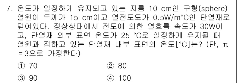 9급_국가직_공무원_화학공학일반 2017년 7번 - 열전달에 대한 문제로, 구의 내부에서의 열전달 속도와 구의 외부 온도, ... 에 관한 핵심 기출문제
