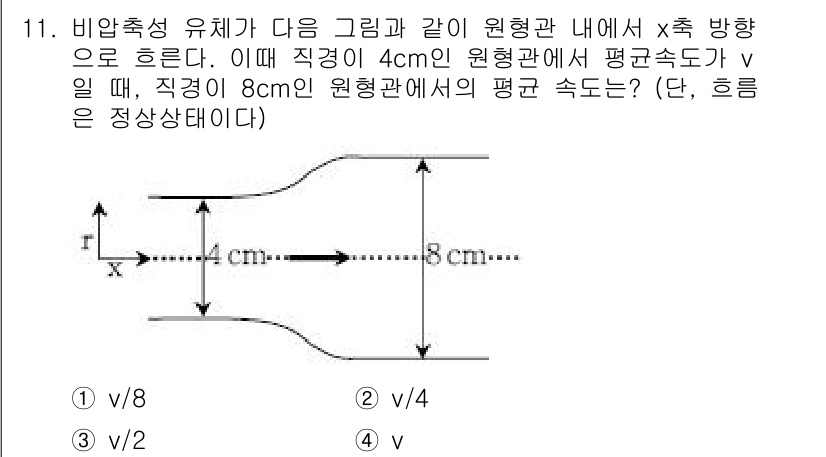 9급_국가직_공무원_화학공학일반 2018년 11번 - 주어진 문제에서 직경이 4cm인 원형관의 평균 속도로부터, 원형관의 직경... 에 관한 핵심 기출문제