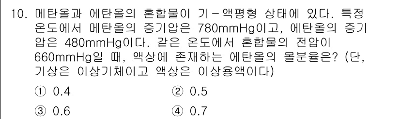 9급_국가직_공무원_화학공학일반 2019년 10번 - 메탄올과 에탄올의 혼합물에서 에탄올의 증기압이 높기 때문에, 혼합물의 총... 에 관한 핵심 기출문제