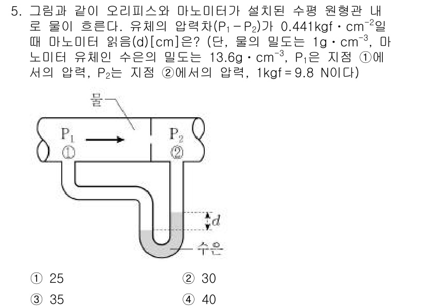 9급_국가직_공무원_화학공학일반 2019년 5번 - 주어진 문제는 오리피스와 마노미터를 이용한 유체의 압력 차와 유량을 계산... 에 관한 핵심 기출문제