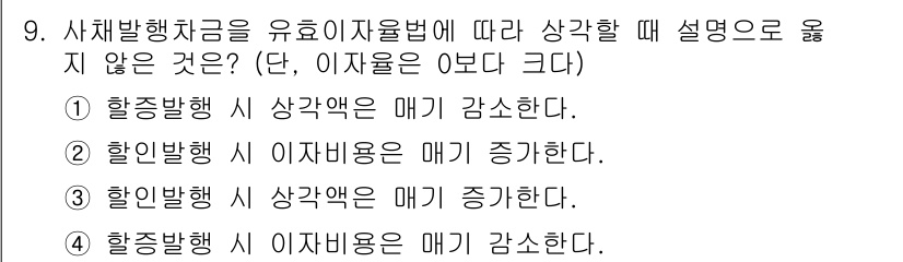 9급_국가직_공무원_회계원리 2016년 8번 - 할 인발행 시 이자비용은 매기 감소하게 됩니다. 이는 할 인발행이 이루어... 에 관한 핵심 기출문제